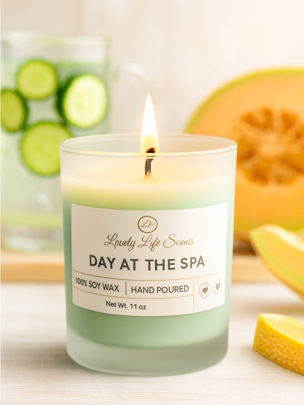 "Day at the Spa" 11 oz Premium Soy Wax Candle, a Cucumber Water & Melon Scent